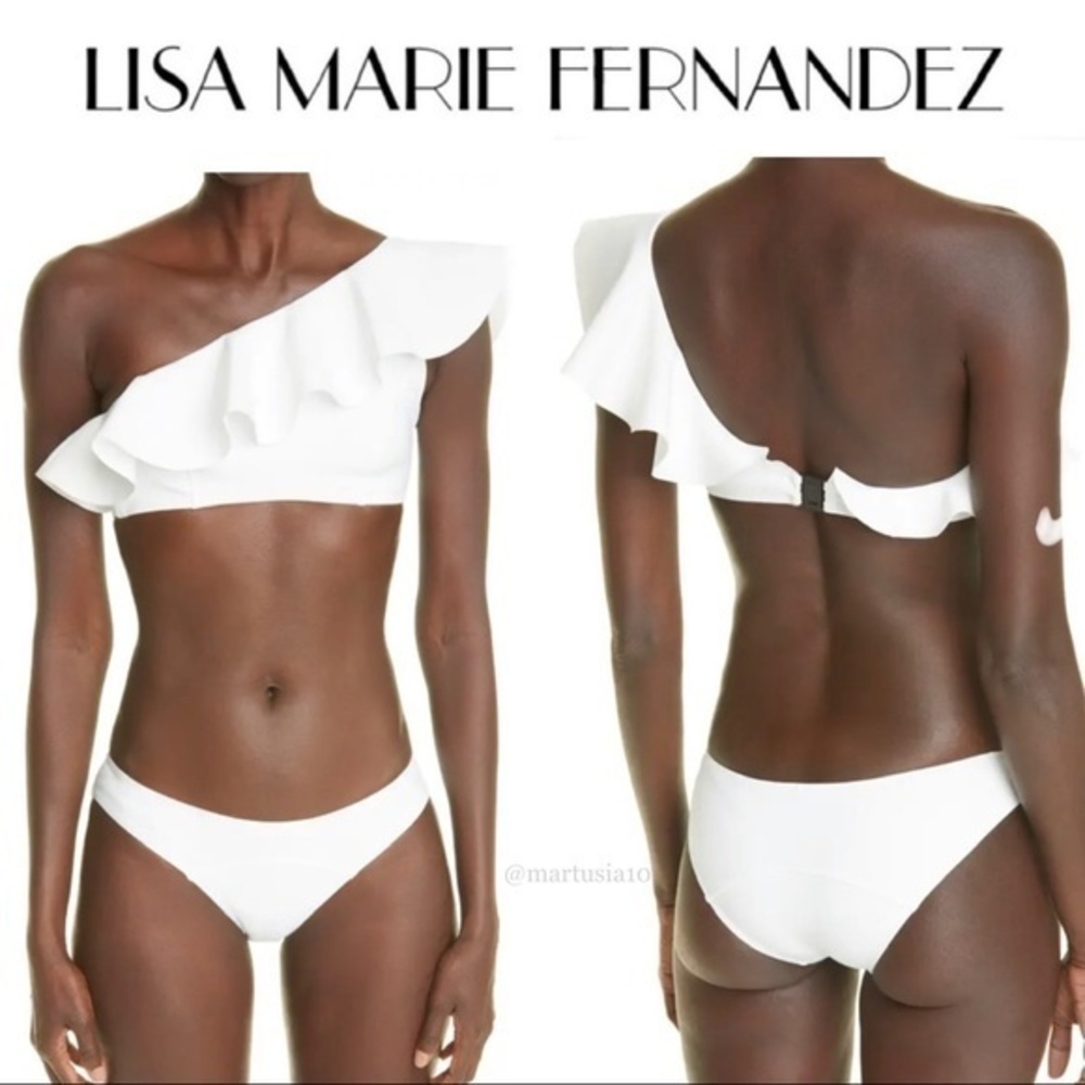 LISA MARIE FERNANDEZ Arden Flounce White One-Shoulder Swimsuits Bikini Set 395$